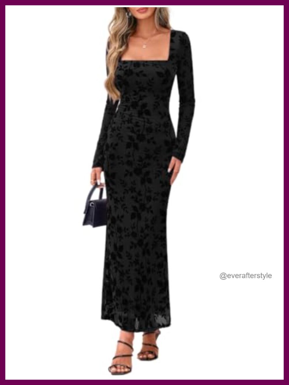 REORIA Square Neck Long Sleeve Floral Mesh Ruched Maxi Dress
